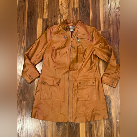 Jessica London Jackets & Blazers - Jessica London Womens Vintage Caramel Brown Zip Up Long Leather Coat Size 14